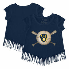 Milwaukee Brewers Tiny Turnip Girls Youth Baseball Cross Bats Fringe T-Shirt Navy