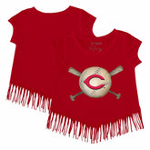Cincinnati Reds Tiny Turnip Girls Youth Baseball Cross Bats Fringe T-Shirt Red
