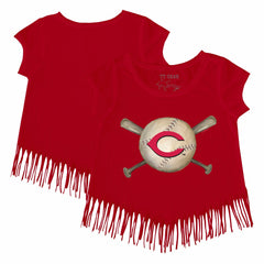 Cincinnati Reds Tiny Turnip Girls Youth Baseball Cross Bats Fringe T-Shirt Red
