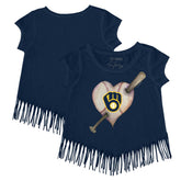 Milwaukee Brewers Tiny Turnip Girls Youth Heart Bat Fringe T-Shirt Navy