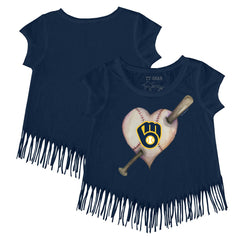 Milwaukee Brewers Tiny Turnip Girls Youth Heart Bat Fringe T-Shirt Navy