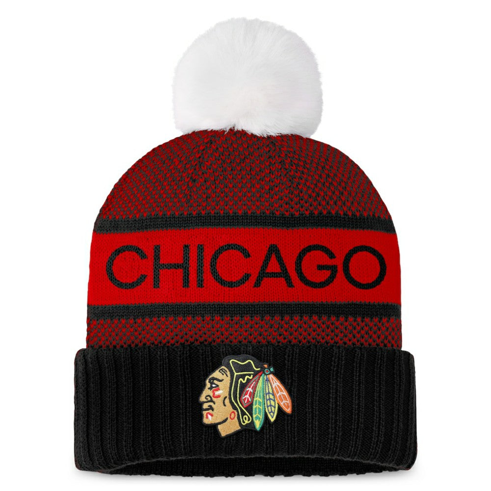 Chicago Blackhawks Fanatics Women's Authentic Pro Rink Cuffed Knit Hat with Pom - Black/Red Hats