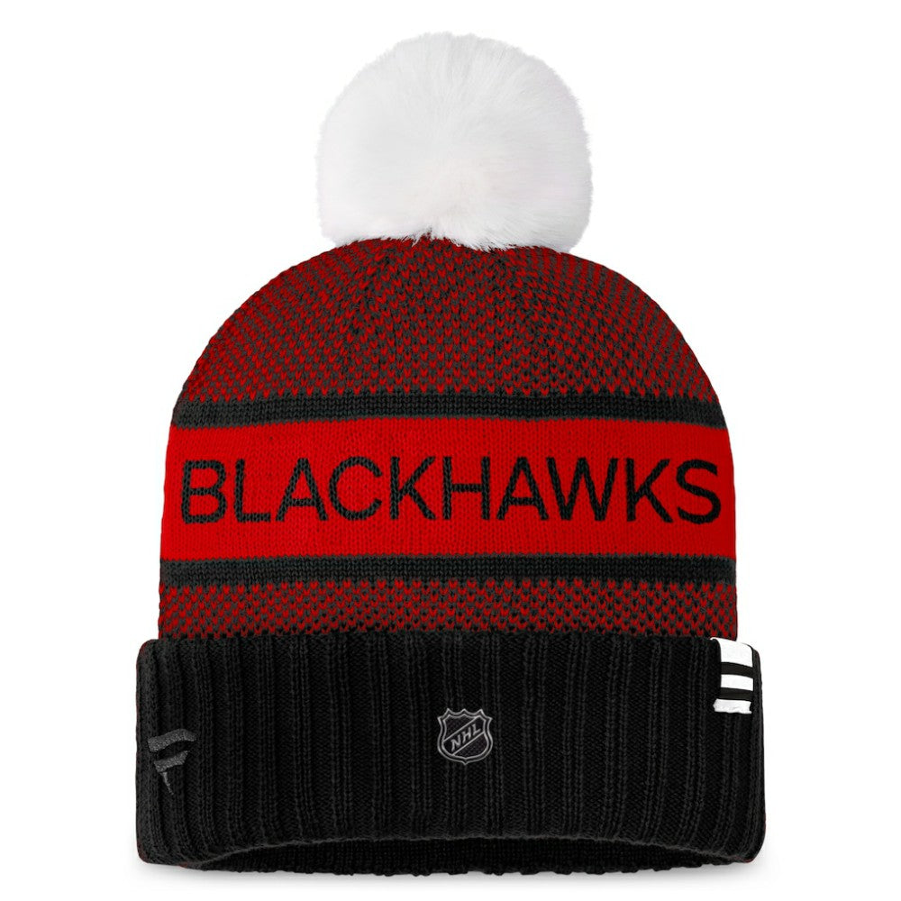 Chicago Blackhawks Fanatics Women's Authentic Pro Rink Cuffed Knit Hat with Pom - Black/Red Hats