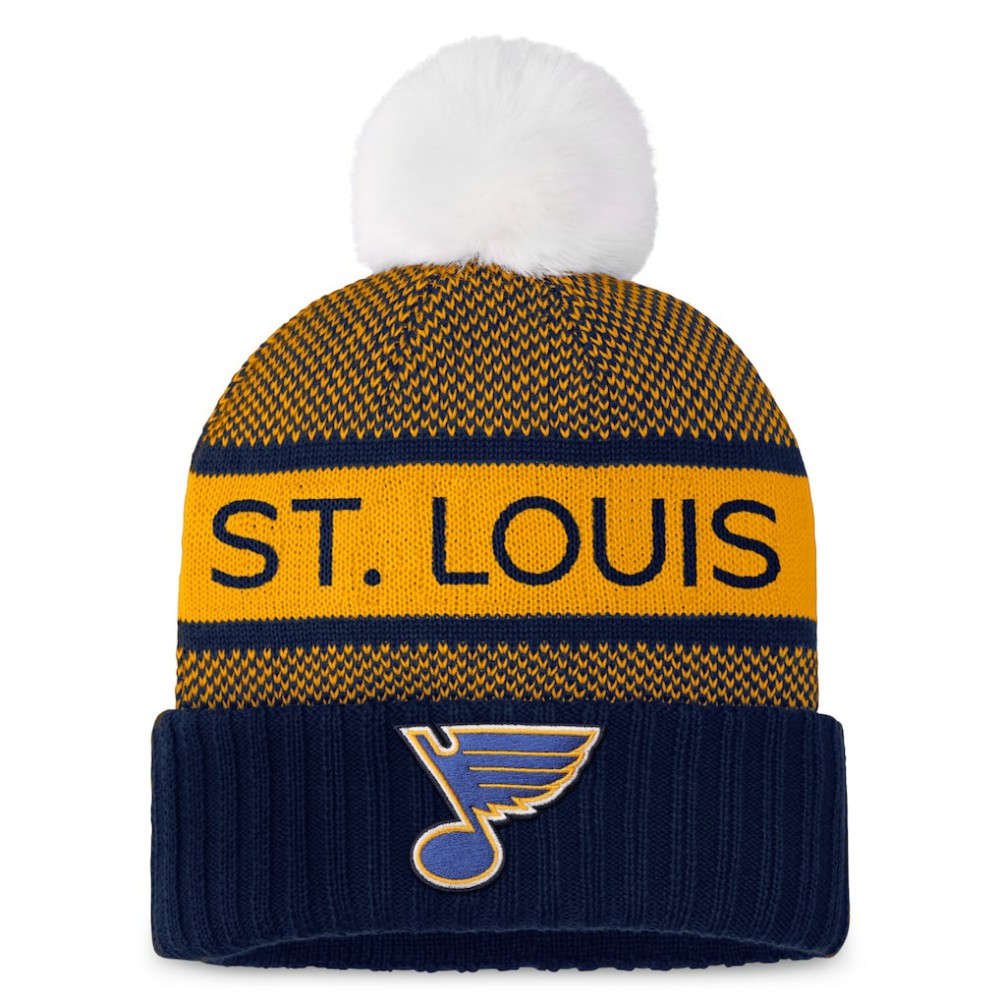 St. Louis Blues Fanatics Women's Authentic Pro Rink Cuffed Knit Hat with Pom - Navy/Gold Hats