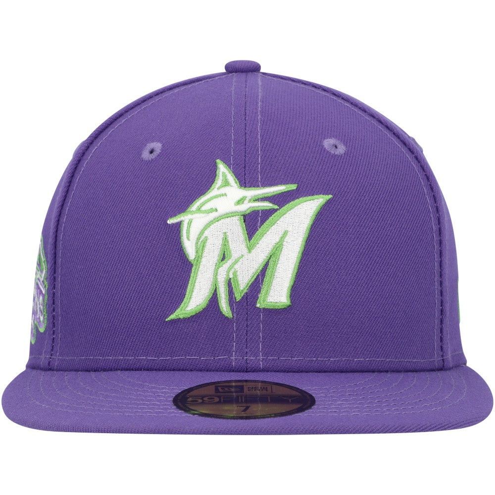 Miami Marlins Lime Side Patch 59FIFTY Fitted Hat Purple