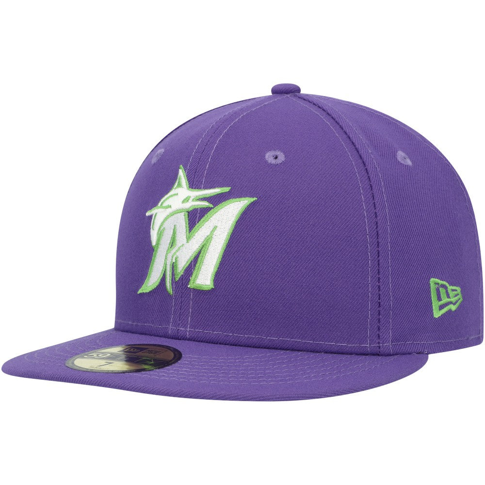 Miami Marlins Lime Side Patch 59FIFTY Fitted Hat Purple