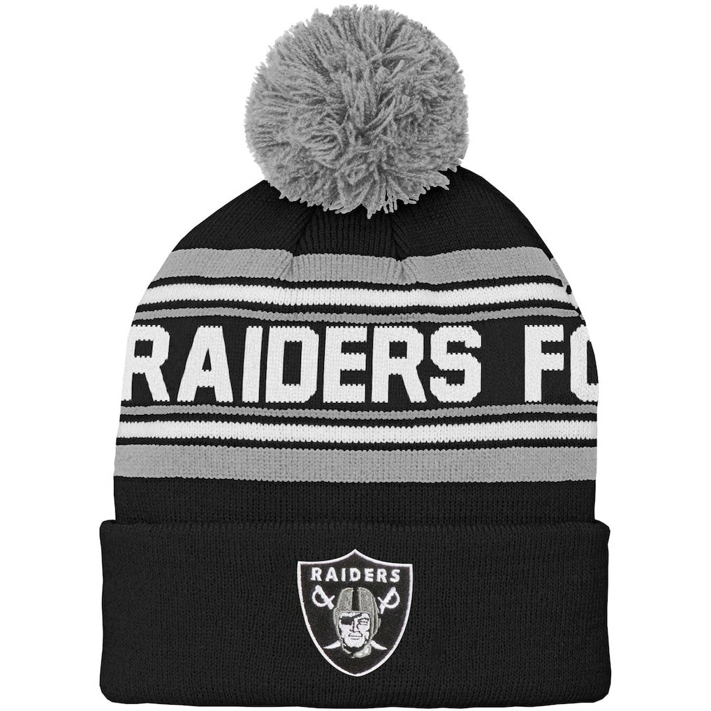Las Vegas Raiders Youth Jacquard Cuffed Knit Hat with Pom - Black sale