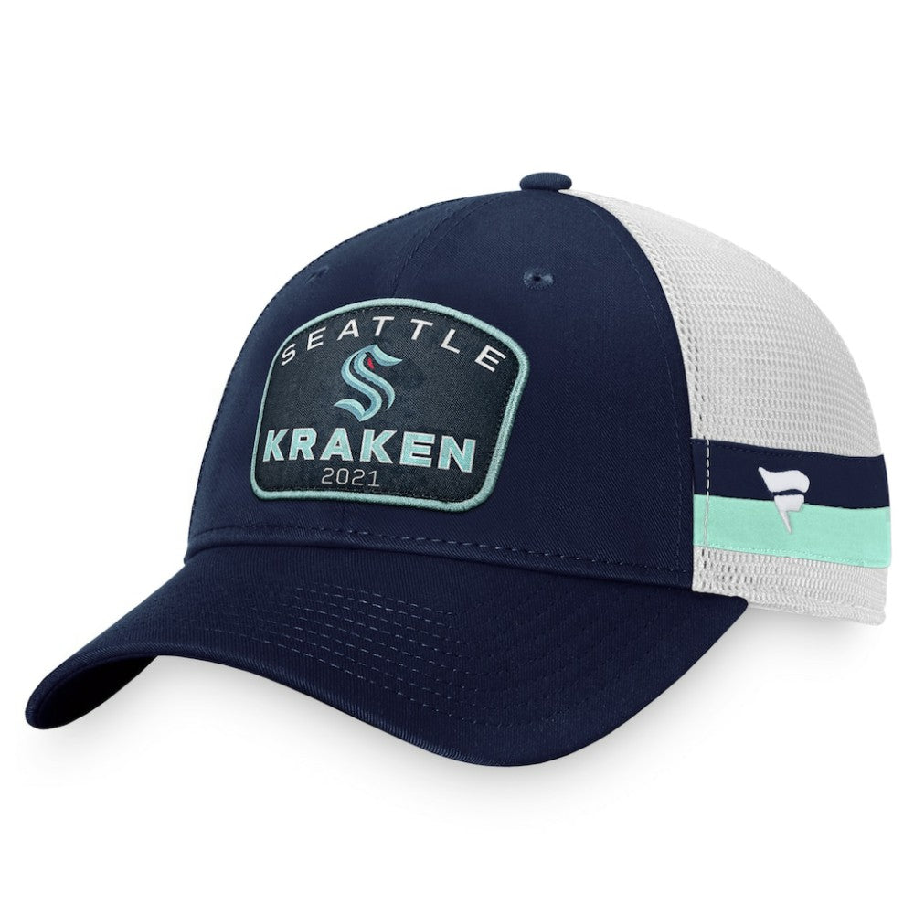 Seattle Kraken Fanatics Fundamental Striped Trucker Adjustable Hat - Deep Sea Blue/White Hats