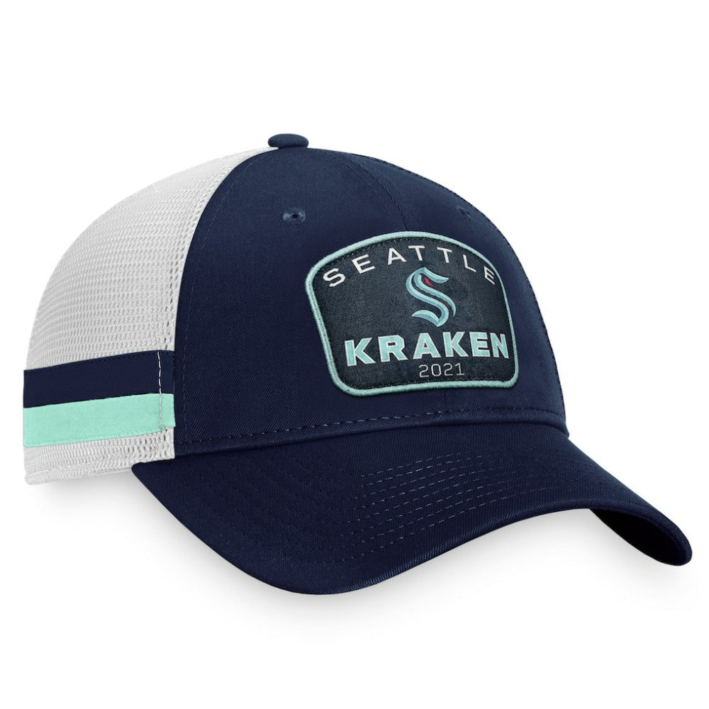 Seattle Kraken Fanatics Fundamental Striped Trucker Adjustable Hat - Deep Sea Blue/White Hats