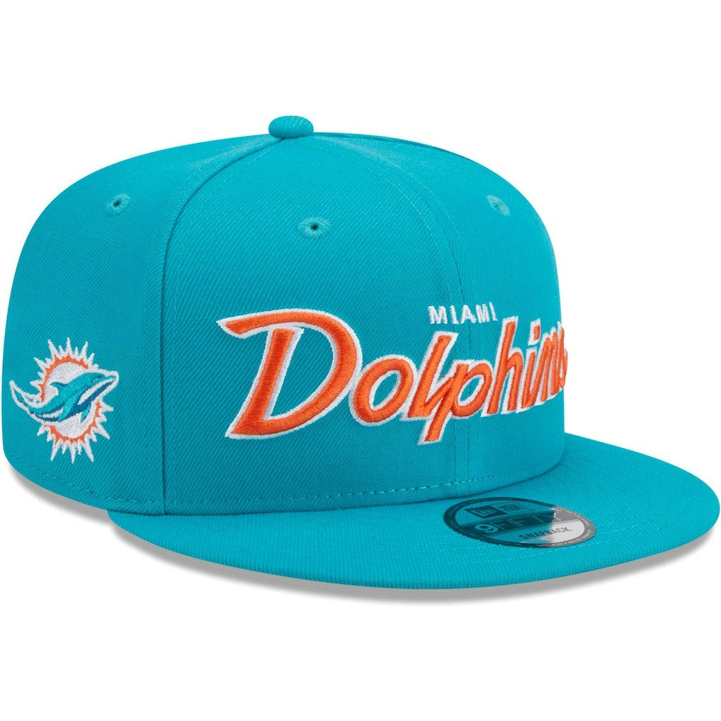 Miami Dolphins New Era Main Script 9FIFTY Snapback Hat - Aqua on sale