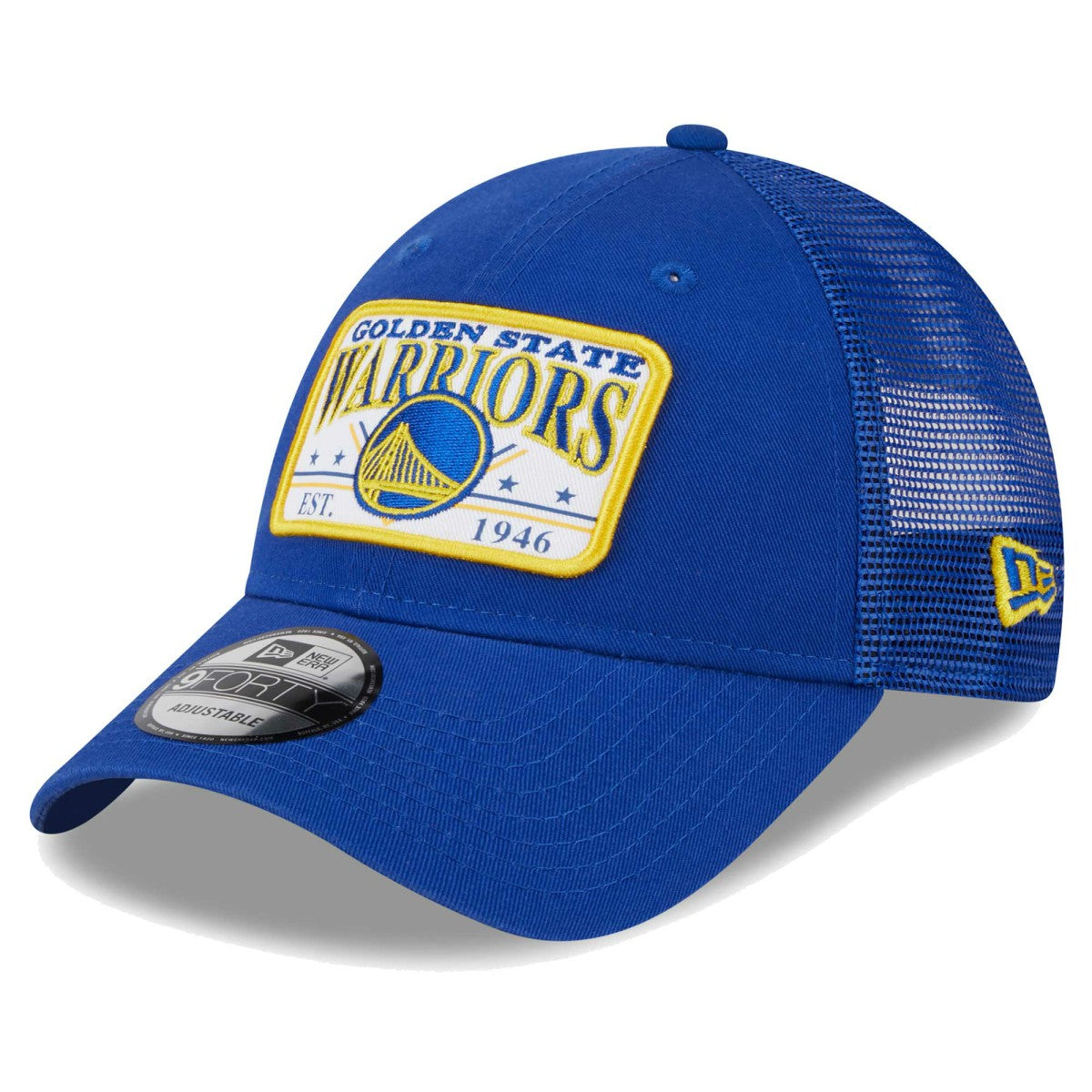 Golden State Warriors Plate Oversized Patch Trucker 9FORTY Adjustable Hat sale - Royal outlet