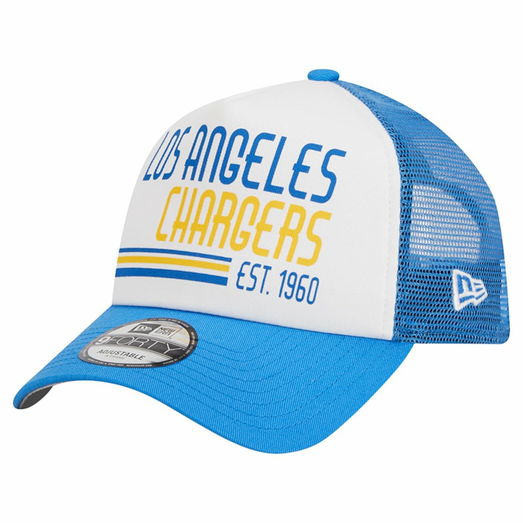 Los Angeles Chargers New Era Stacked A-Frame Trucker 9FORTY Adjustable Hat - White/Powder Blue cheap