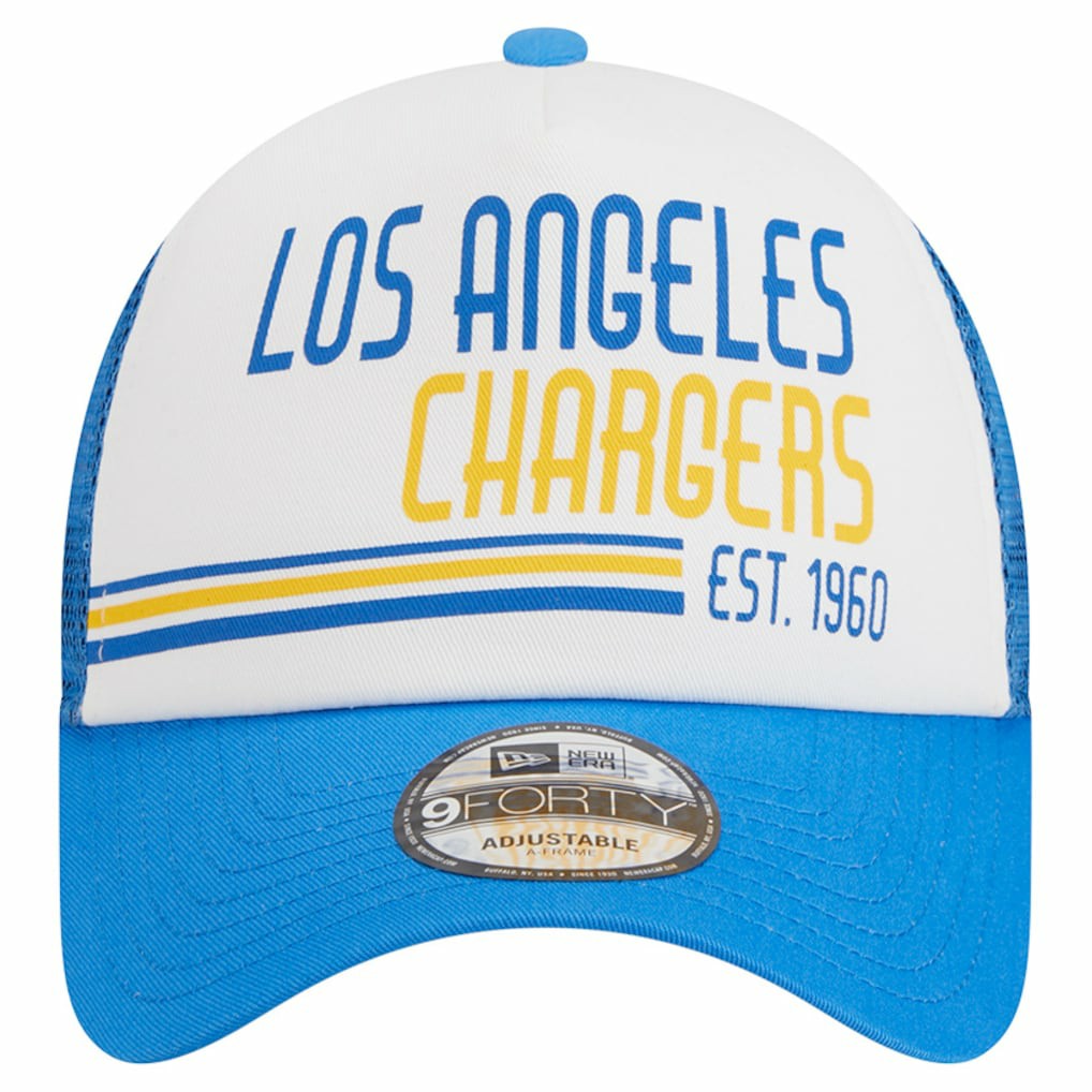 Los Angeles Chargers New Era Stacked A-Frame Trucker 9FORTY Adjustable Hat - White/Powder Blue cheap