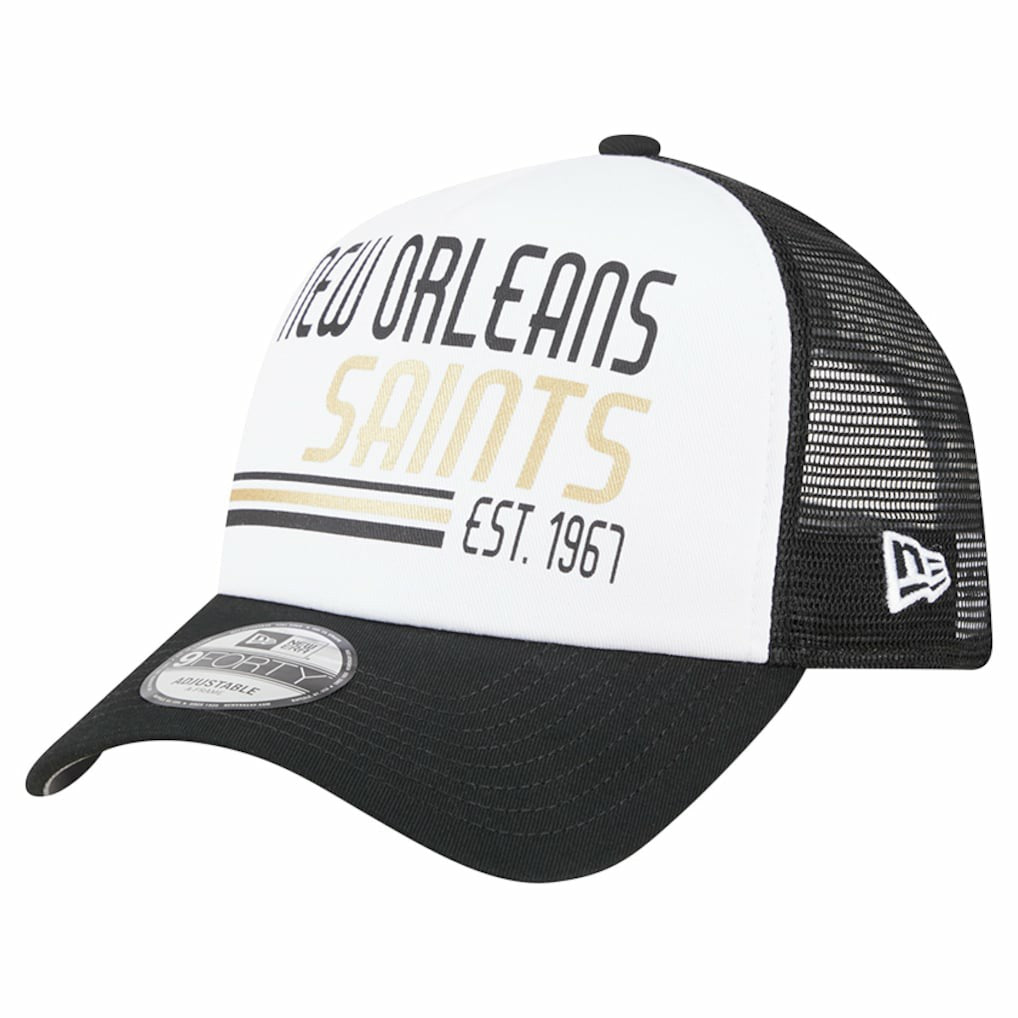 New Orleans Saints New Era Stacked A-Frame Trucker 9FORTY Adjustable Hat - White/Black for sale