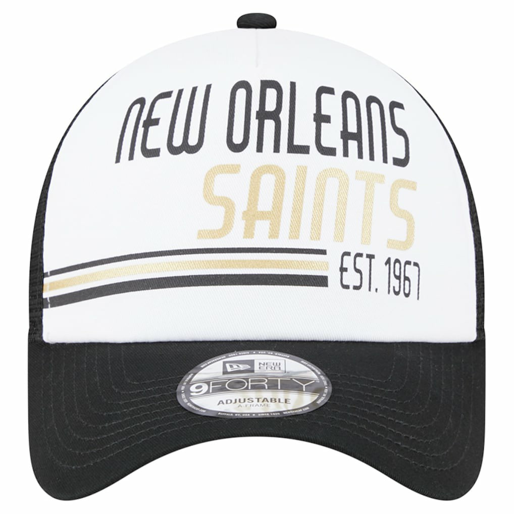 New Orleans Saints New Era Stacked A-Frame Trucker 9FORTY Adjustable Hat - White/Black for sale