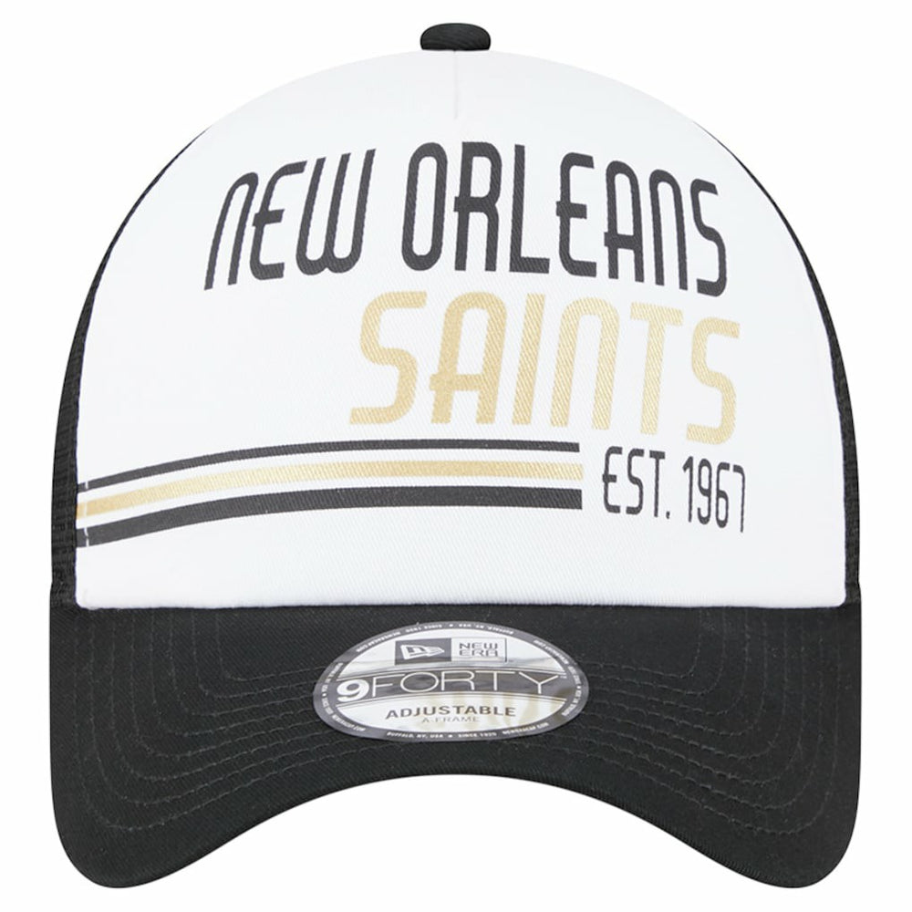 New Orleans Saints New Era Stacked A-Frame Trucker 9FORTY Adjustable Hat - White/Black for sale