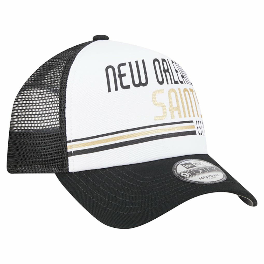 New Orleans Saints New Era Stacked A-Frame Trucker 9FORTY Adjustable Hat - White/Black for sale