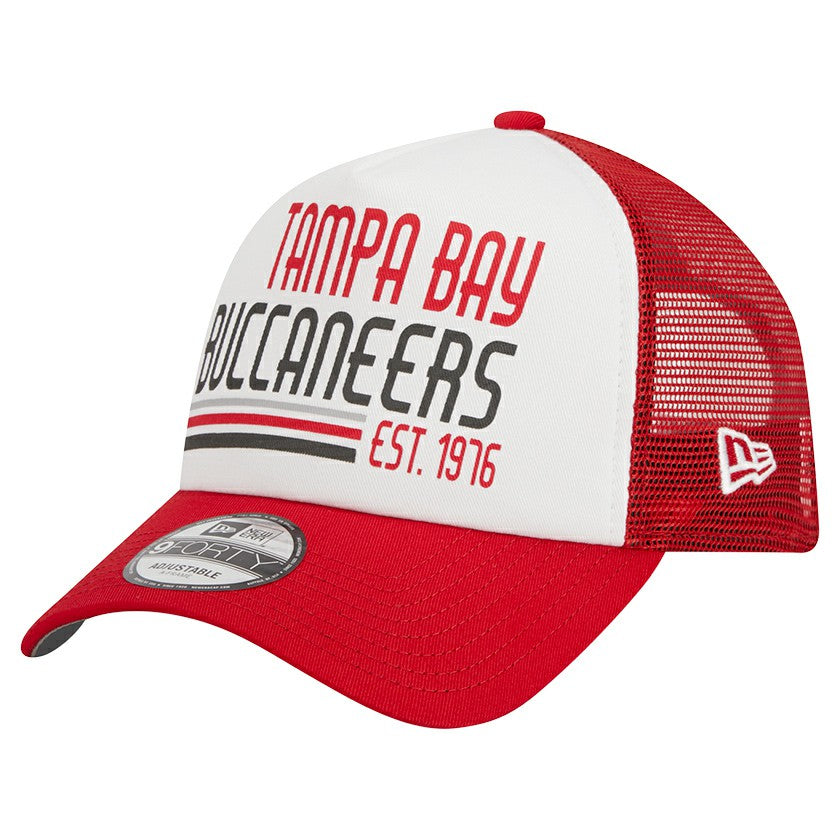 Tampa Bay Buccaneers New Era Stacked A-Frame Trucker 9FORTY Adjustable Hat - White/Red cheap