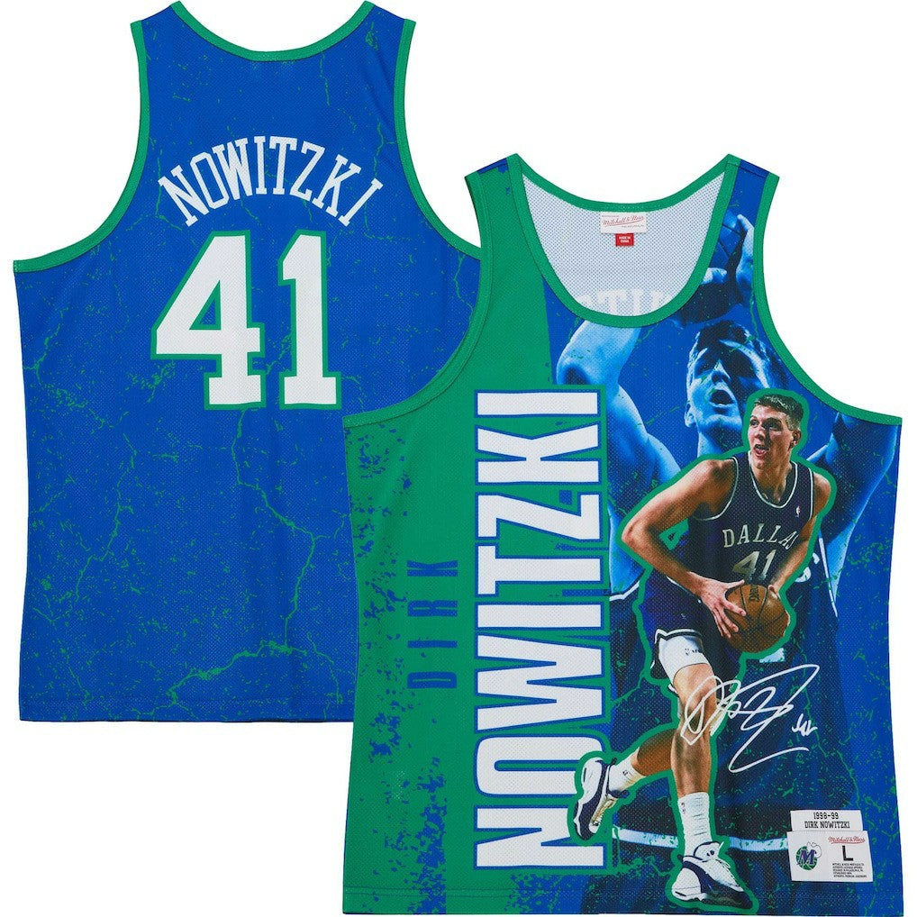 Dirk Nowitzki Dallas Mavericks Hardwood Classics Player Burst Tank Top sale - Blue online