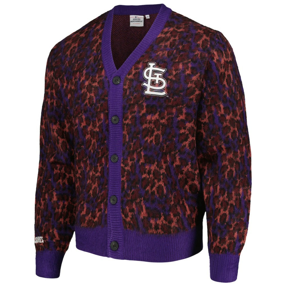 St. Louis Cardinals PLEASURES Cheetah Cardigan Button-Up Sweater Purple