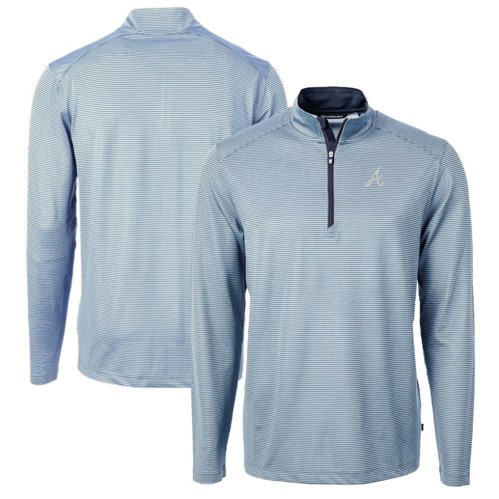 Atlanta Braves Cutter & Buck Virtue Eco Pique Micro Stripe Recycled Quarter-Zip Pullover Top Light Blue/Navy