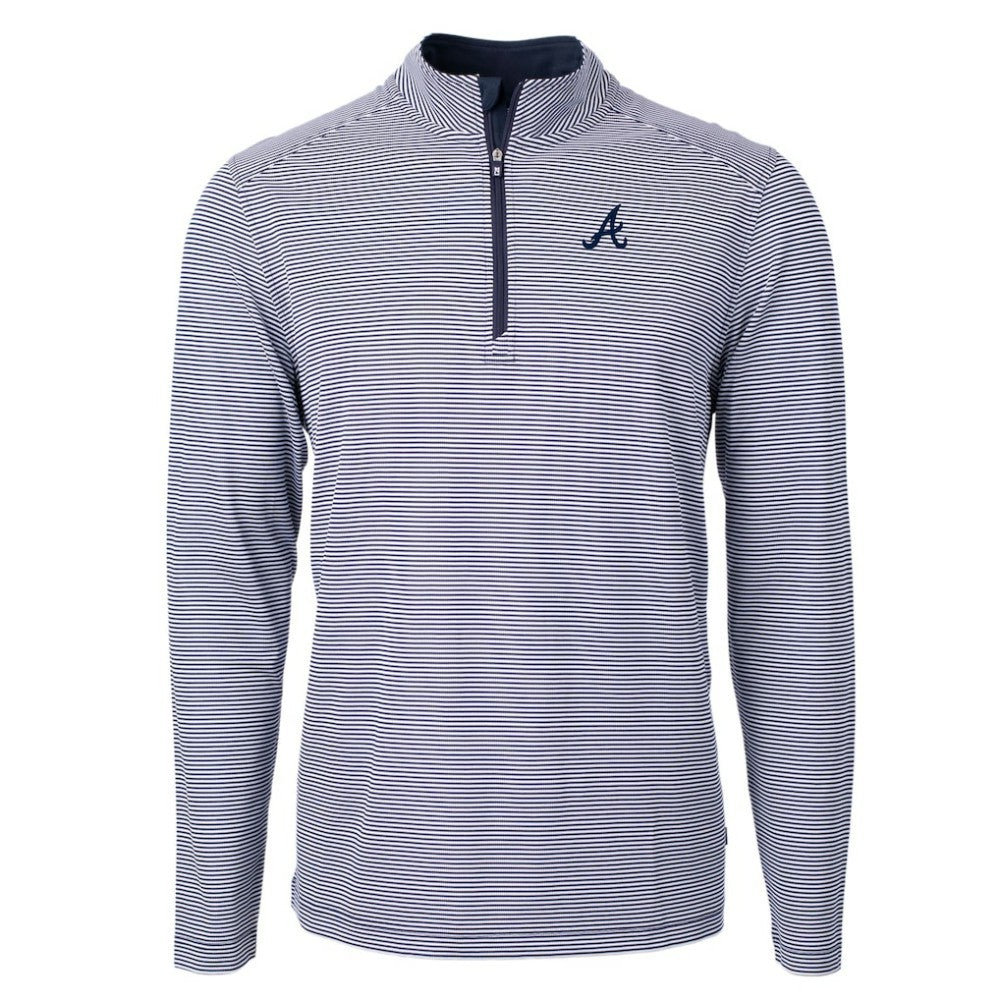 Atlanta Braves Cutter & Buck Virtue Eco Pique Micro Stripe Recycled Quarter-Zip Pullover Top Navy/White
