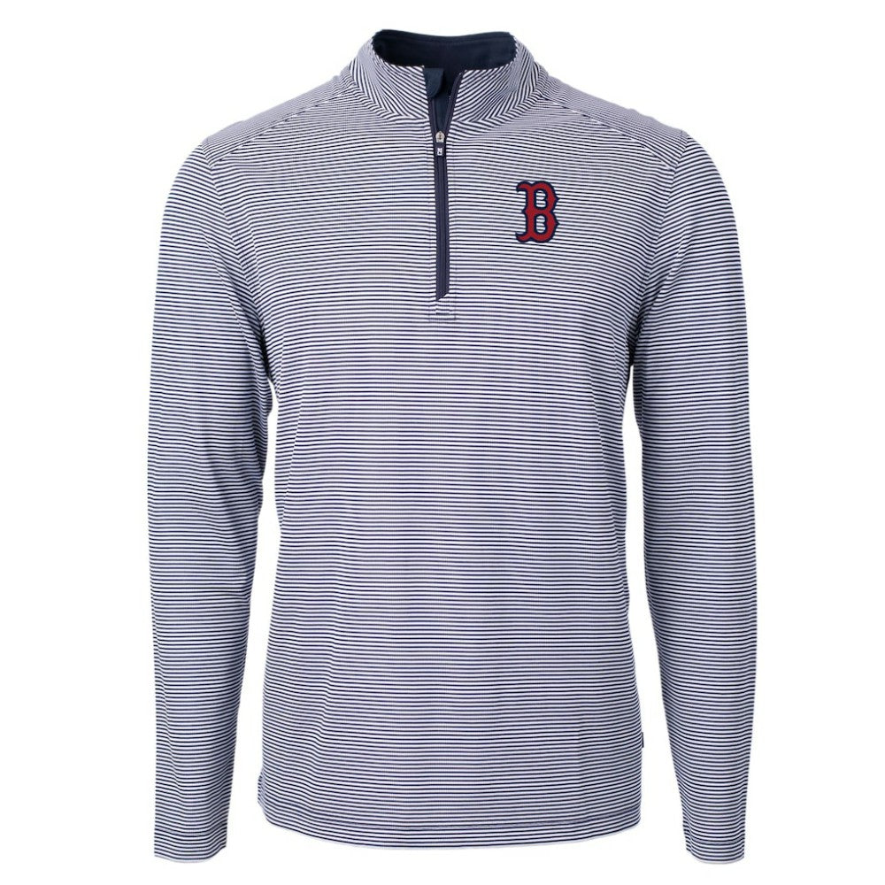 Boston Red Sox Cutter & Buck Virtue Eco Pique Micro Stripe Recycled Quarter-Zip Pullover Top Navy/White