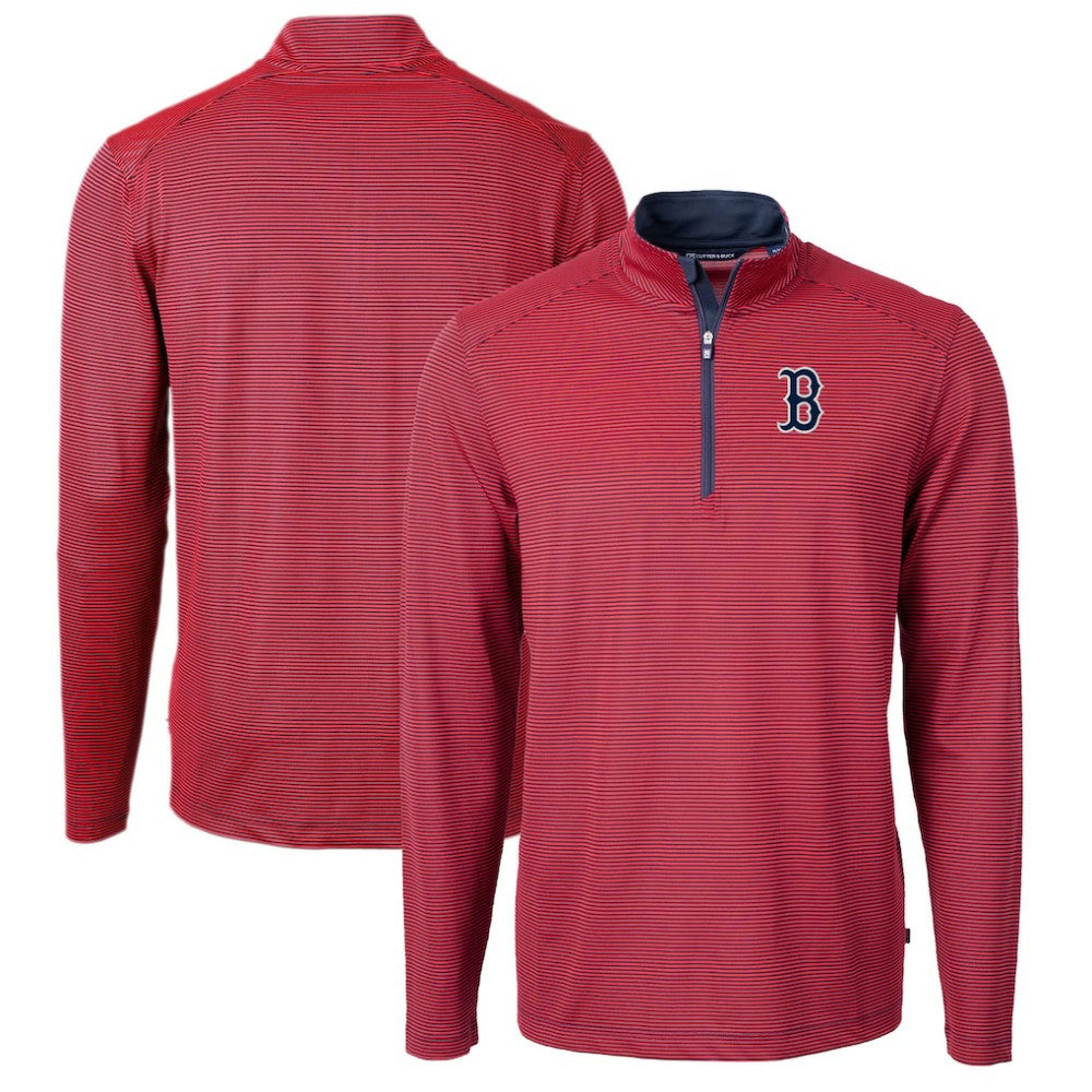 Boston Red Sox Cutter & Buck Virtue Eco Pique Micro Stripe Recycled Quarter-Zip Pullover Top Red/Navy