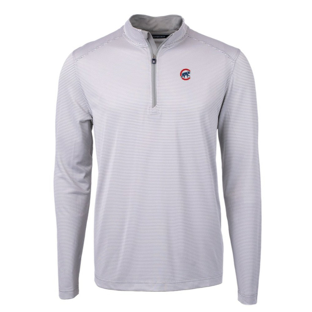 Chicago Cubs Cutter & Buck Virtue Eco Pique Micro Stripe Recycled Quarter-Zip Pullover Top Gray/White