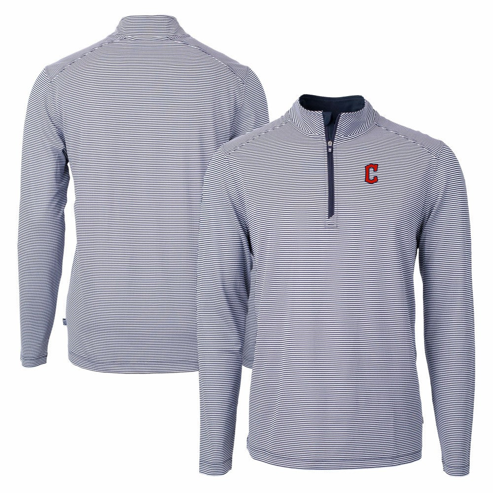 Cleveland Guardians Cutter & Buck Virtue Eco Pique Micro Stripe Recycled Quarter-Zip Pullover Top Navy/White