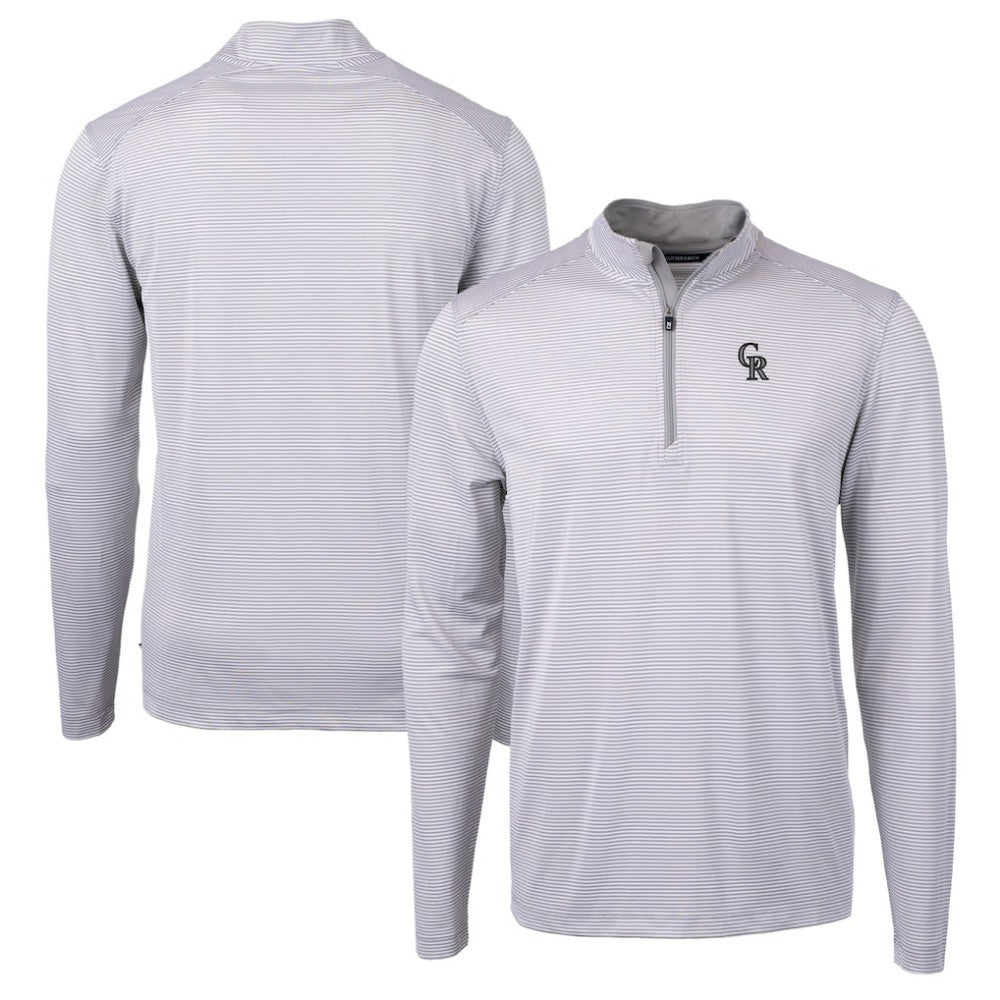 Colorado Rockies Cutter & Buck Virtue Eco Pique Micro Stripe Recycled Quarter-Zip Pullover Top Gray/White