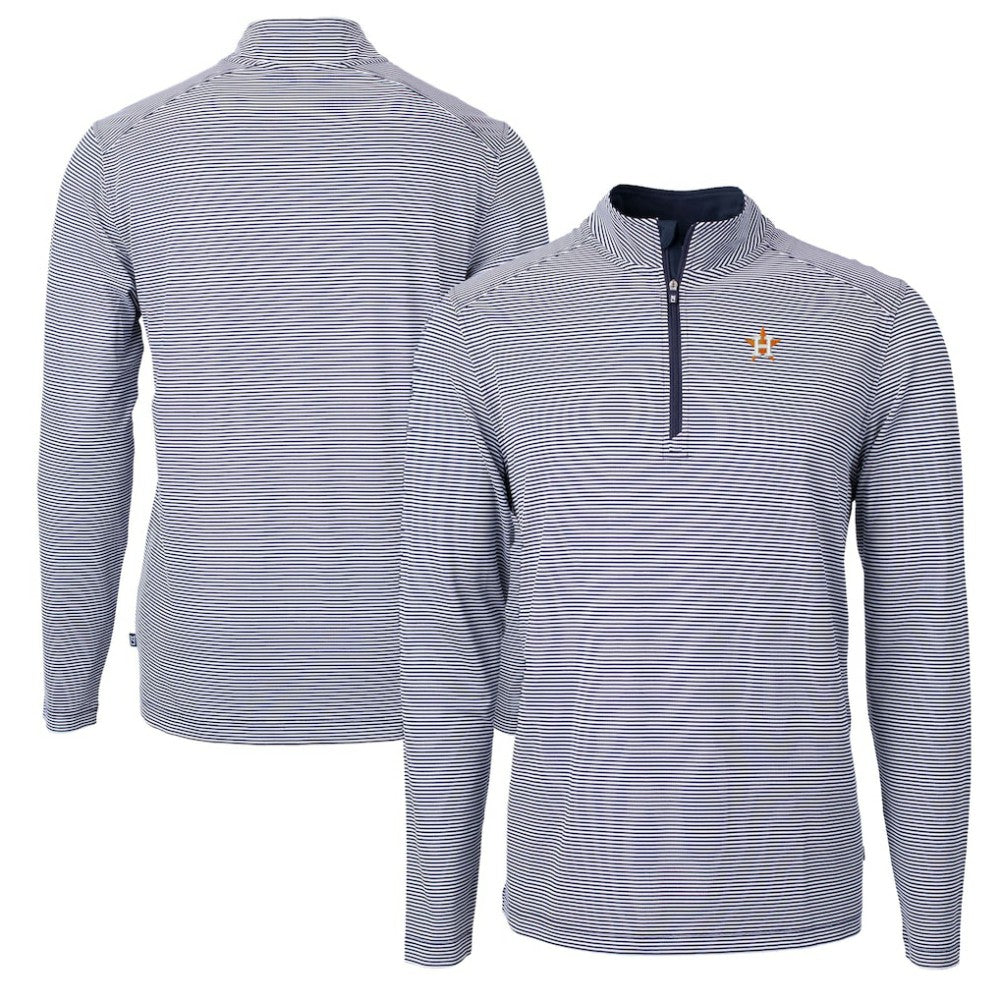 Houston Astros Cutter & Buck Virtue Eco Pique Micro Stripe Recycled Quarter-Zip Pullover Top Navy/White