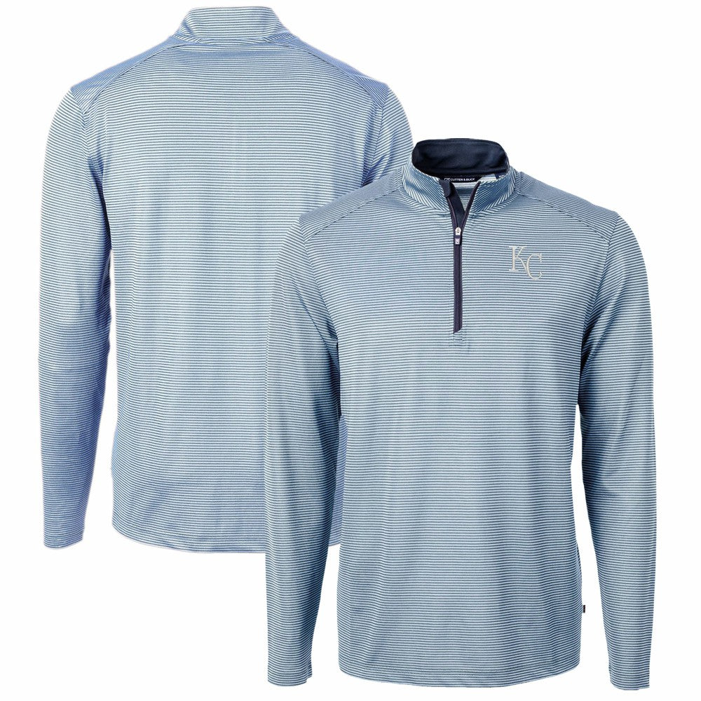 Kansas City Royals Cutter & Buck Virtue Eco Pique Micro Stripe Recycled Quarter-Zip Pullover Top Light Blue/Navy