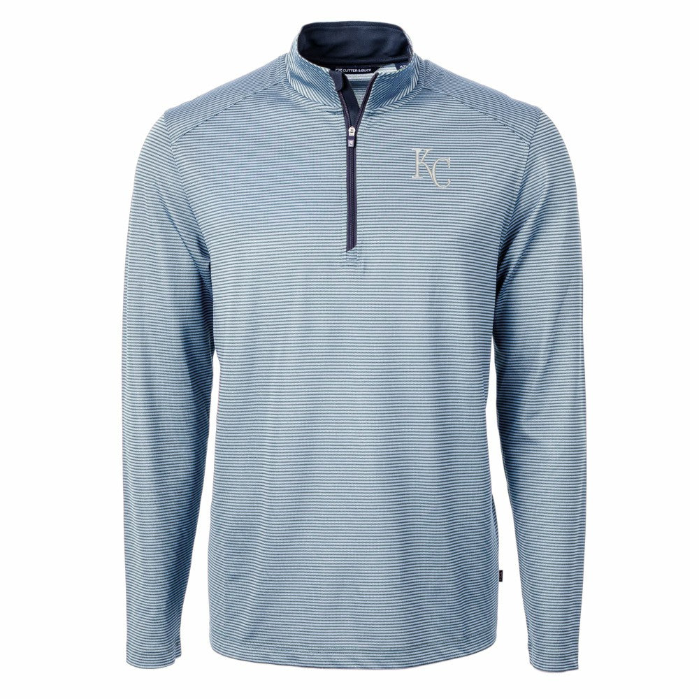 Kansas City Royals Cutter & Buck Virtue Eco Pique Micro Stripe Recycled Quarter-Zip Pullover Top Light Blue/Navy