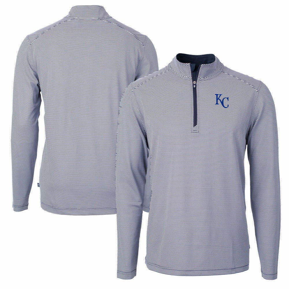 Kansas City Royals Cutter & Buck Virtue Eco Pique Micro Stripe Recycled Quarter-Zip Pullover Top Navy/White