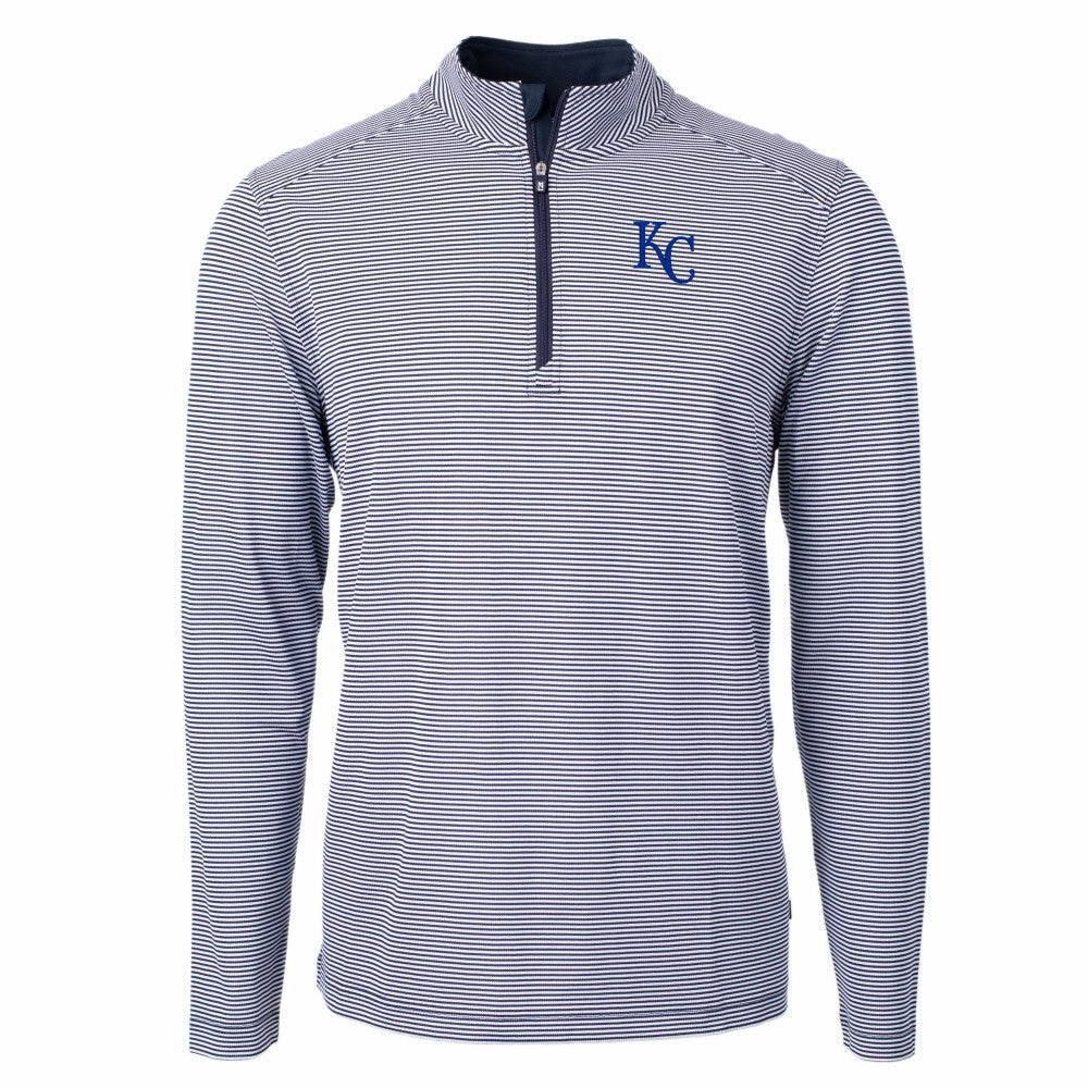Kansas City Royals Cutter & Buck Virtue Eco Pique Micro Stripe Recycled Quarter-Zip Pullover Top Navy/White