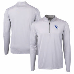 Kansas City Royals Cutter & Buck Virtue Eco Pique Micro Stripe Recycled Quarter-Zip Pullover Top Gray/White