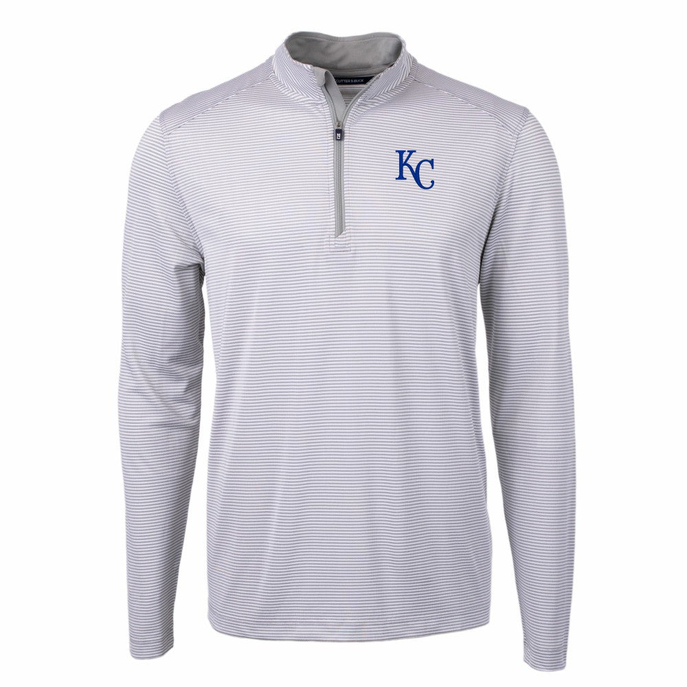 Kansas City Royals Cutter & Buck Virtue Eco Pique Micro Stripe Recycled Quarter-Zip Pullover Top Gray/White