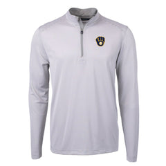 Milwaukee Brewers Cutter & Buck Virtue Eco Pique Micro Stripe Recycled Quarter-Zip Pullover Top Gray/White