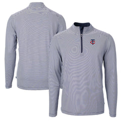 Minnesota Twins Cutter & Buck Virtue Eco Pique Micro Stripe Recycled Quarter-Zip Pullover Top Navy/White