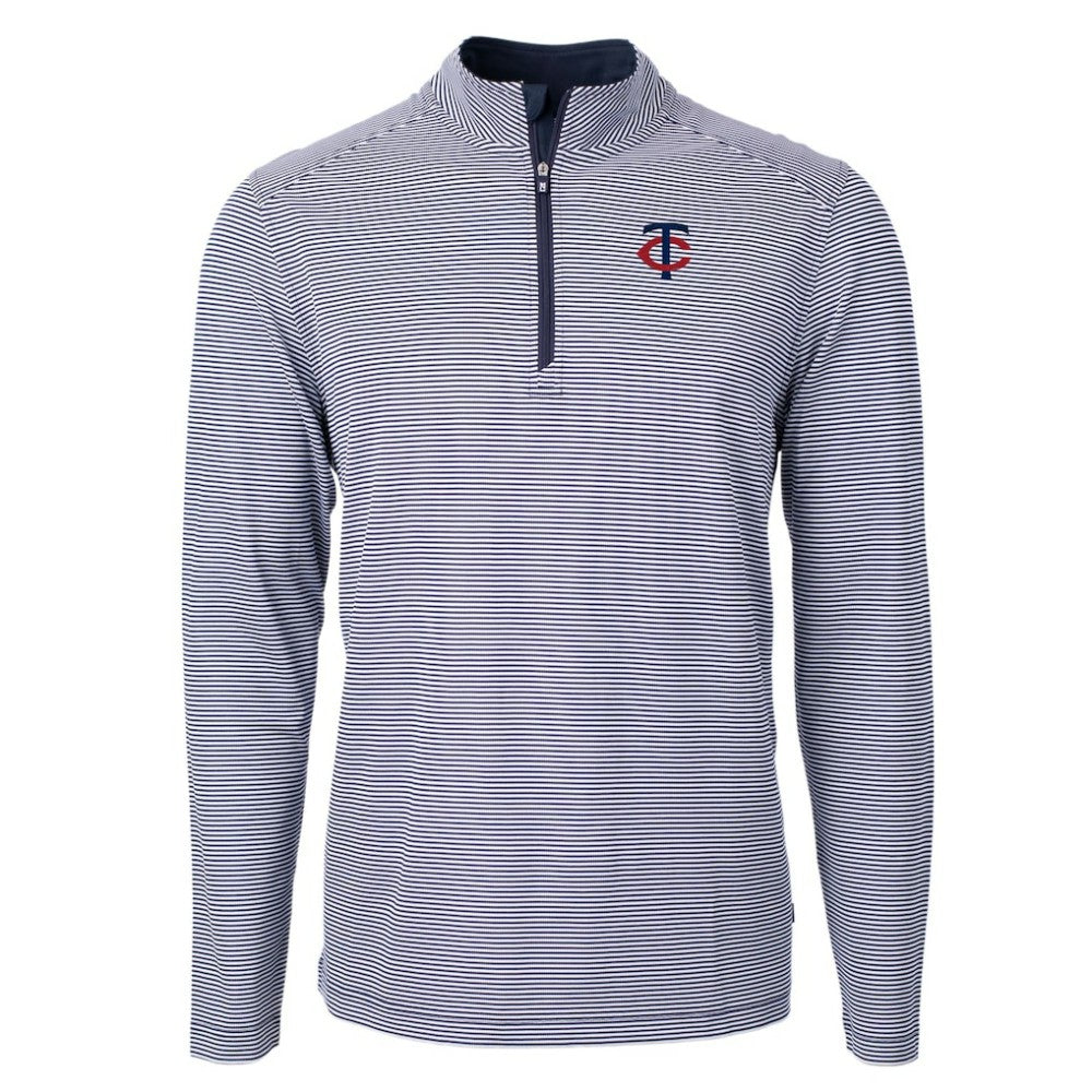 Minnesota Twins Cutter & Buck Virtue Eco Pique Micro Stripe Recycled Quarter-Zip Pullover Top Navy/White