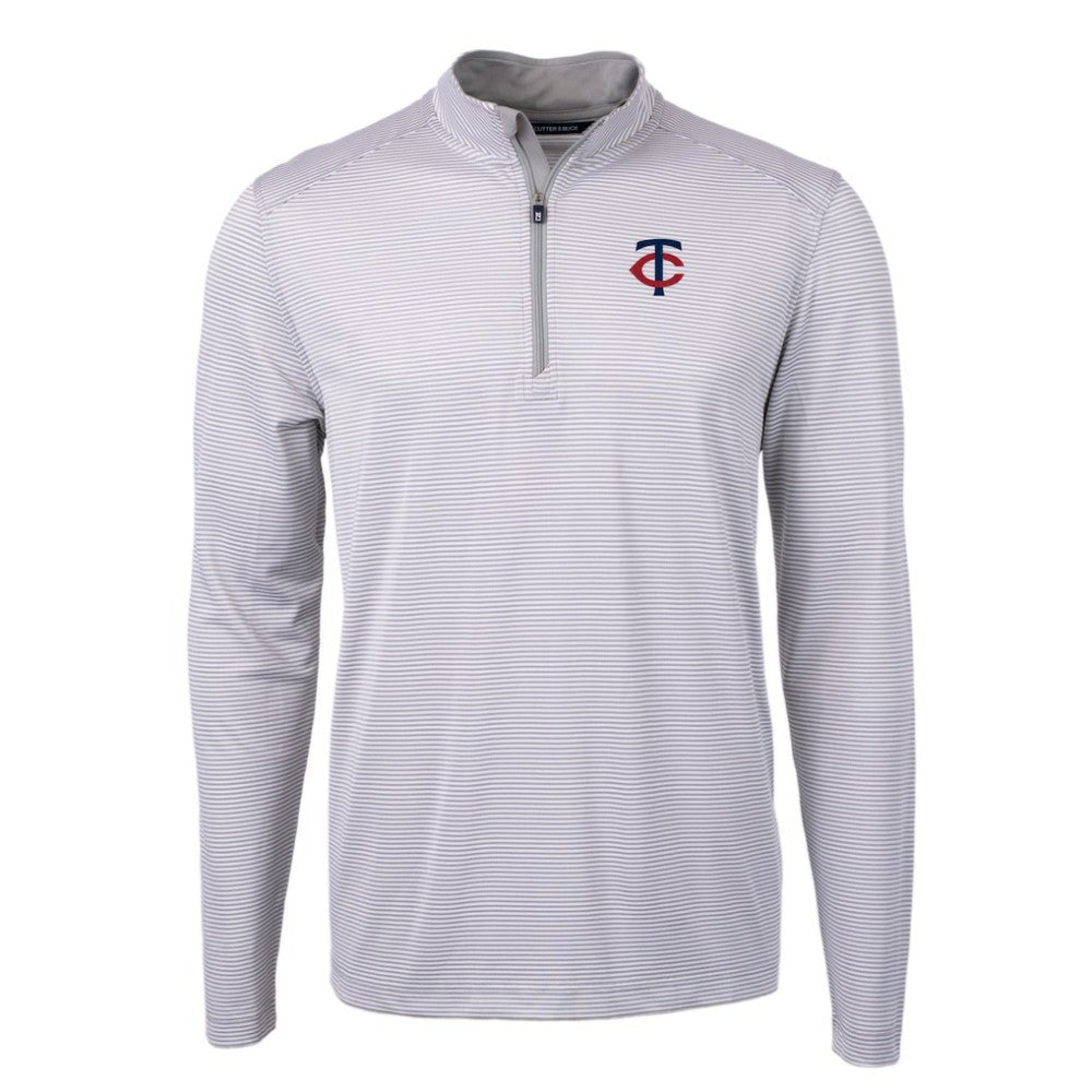 Minnesota Twins Cutter & Buck Virtue Eco Pique Micro Stripe Recycled Quarter-Zip Pullover Top Gray/White