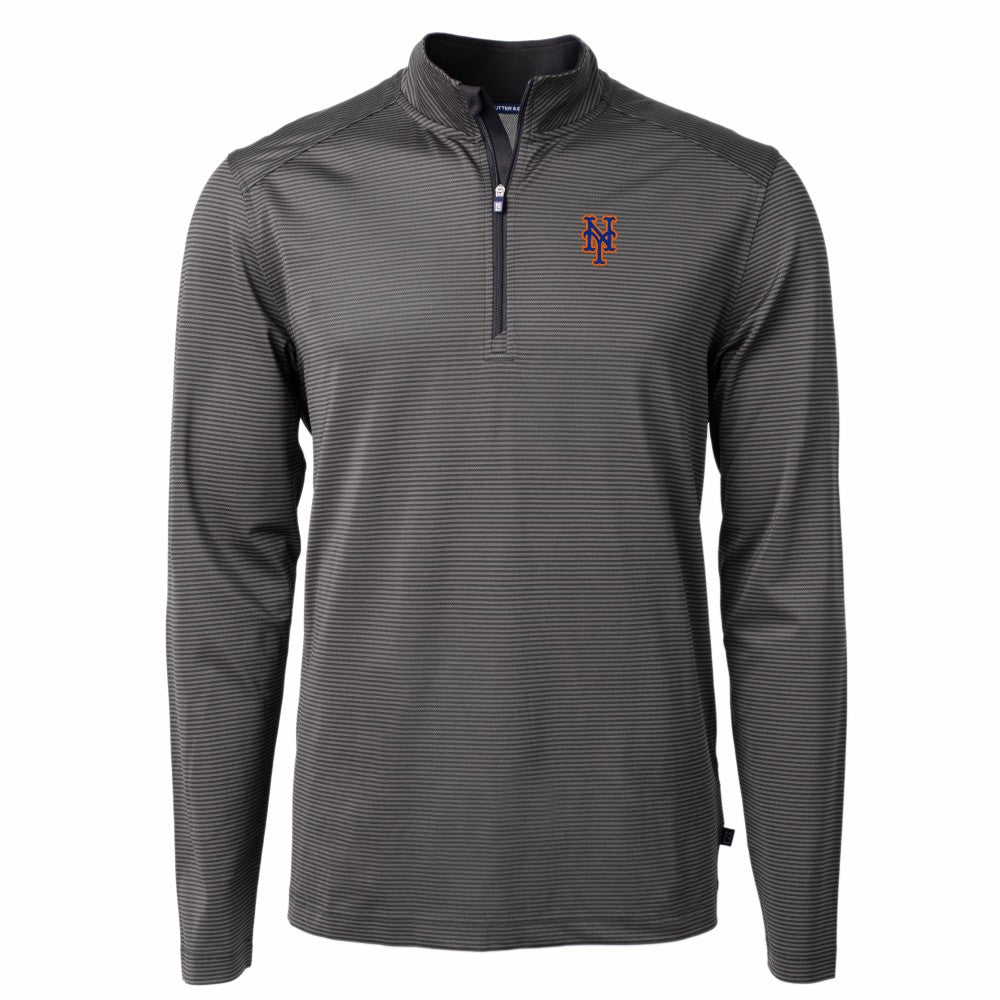 New York Mets Cutter & Buck Virtue Eco Pique Micro Stripe Recycled Quarter-Zip Pullover Top Black/Gray