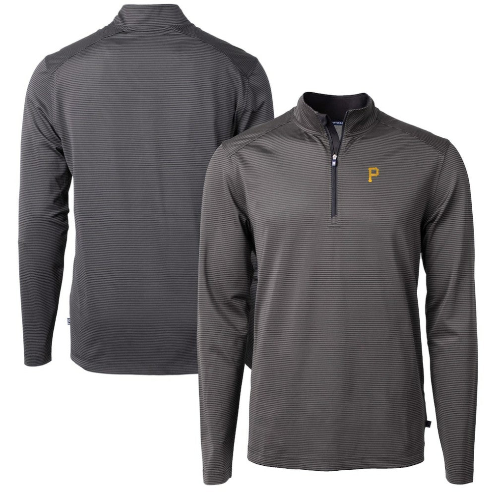 Pittsburgh Pirates Cutter & Buck Virtue Eco Pique Micro Stripe Recycled Quarter-Zip Pullover Top Black/Gray