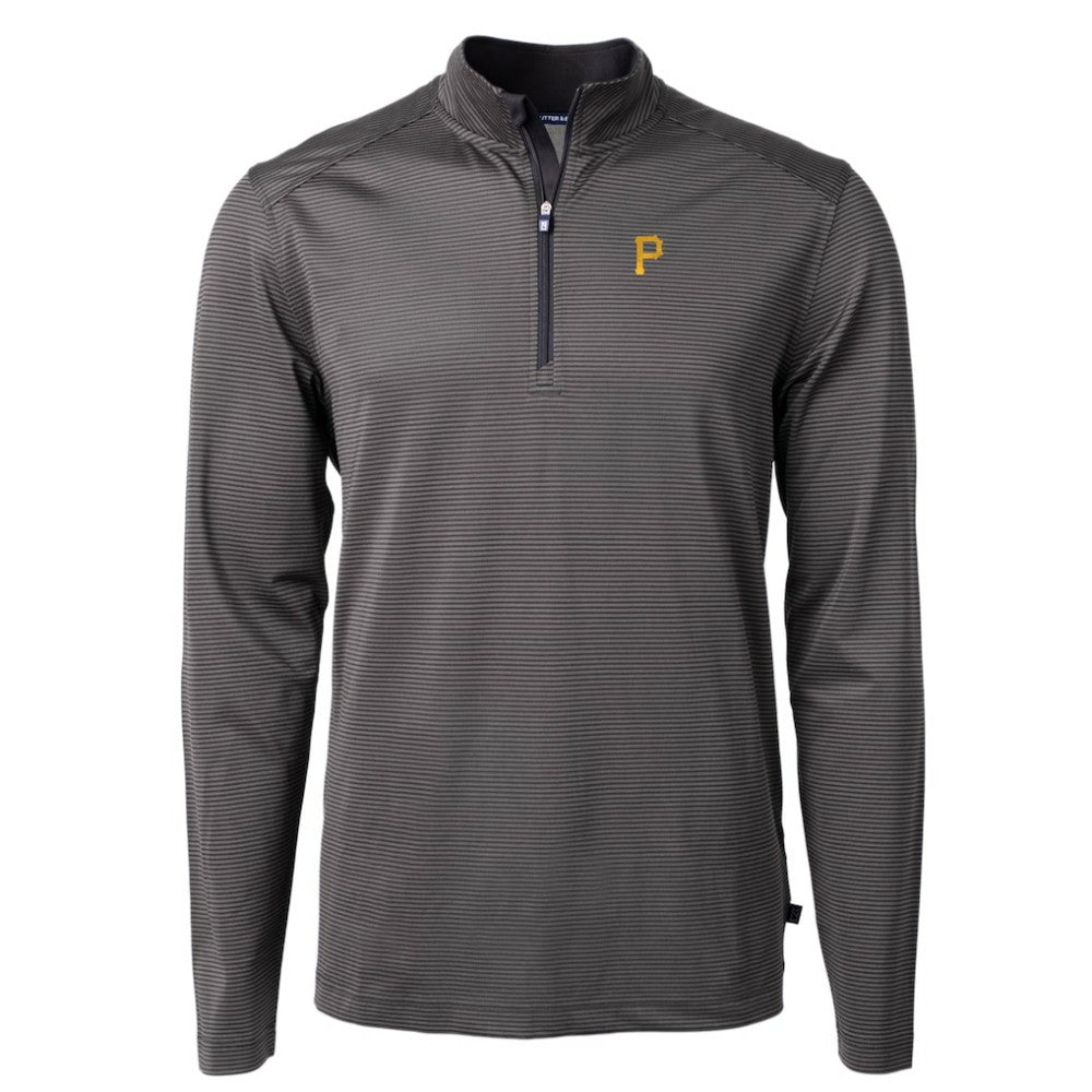 Pittsburgh Pirates Cutter & Buck Virtue Eco Pique Micro Stripe Recycled Quarter-Zip Pullover Top Black/Gray