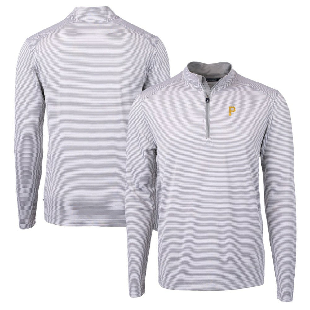 Pittsburgh Pirates Cutter & Buck Virtue Eco Pique Micro Stripe Recycled Quarter-Zip Pullover Top Gray/White
