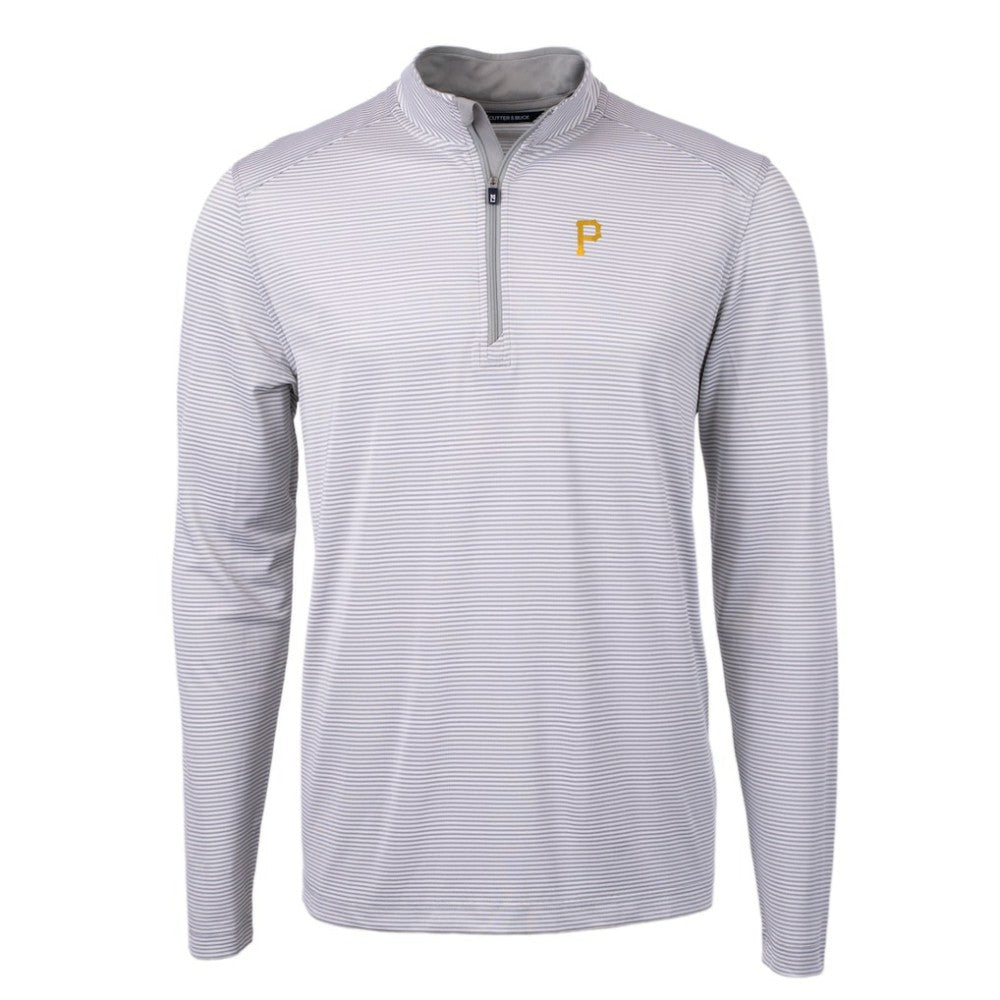 Pittsburgh Pirates Cutter & Buck Virtue Eco Pique Micro Stripe Recycled Quarter-Zip Pullover Top Gray/White