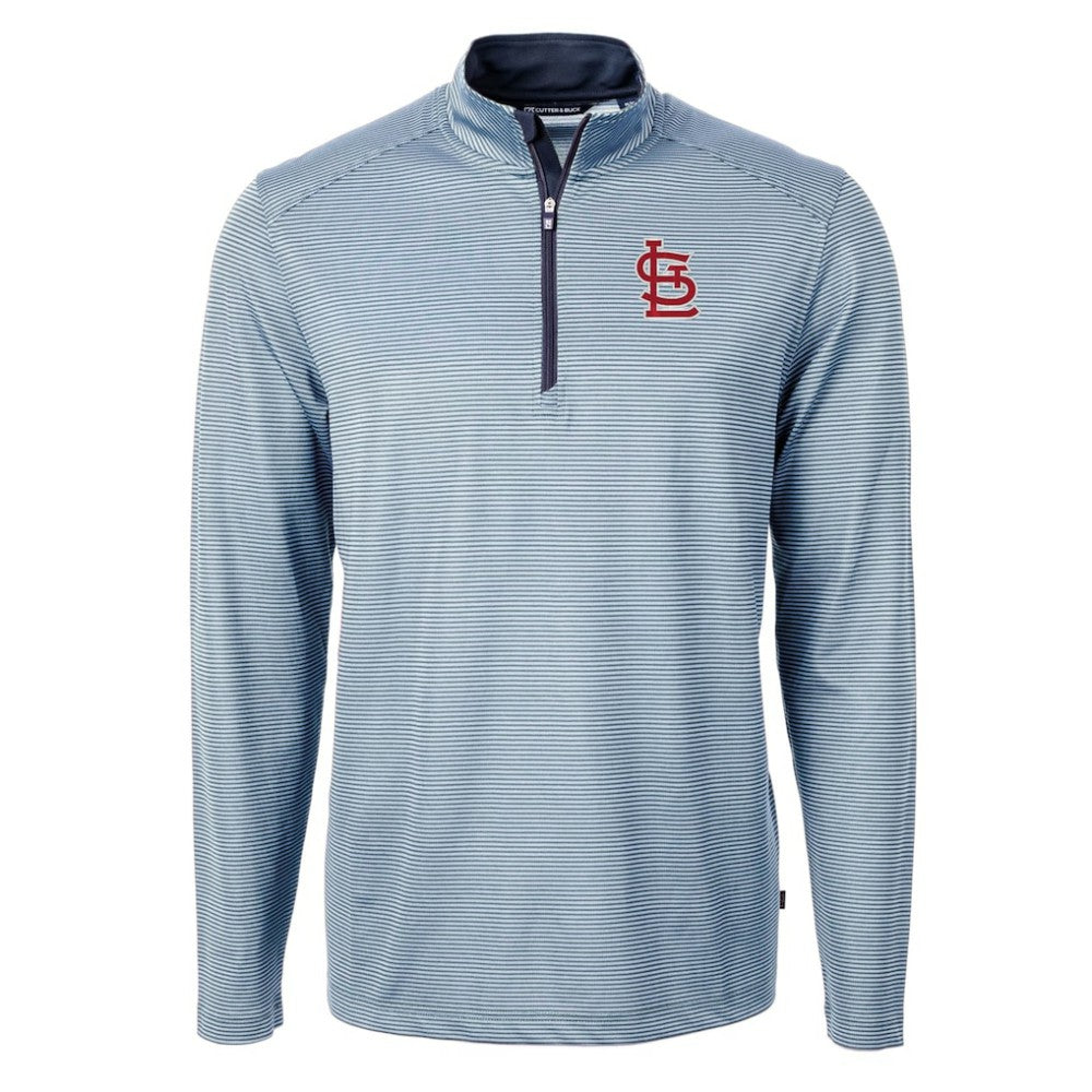St. Louis Cardinals Cutter & Buck Virtue Eco Pique Micro Stripe Recycled Quarter-Zip Pullover Top Light Blue/Navy