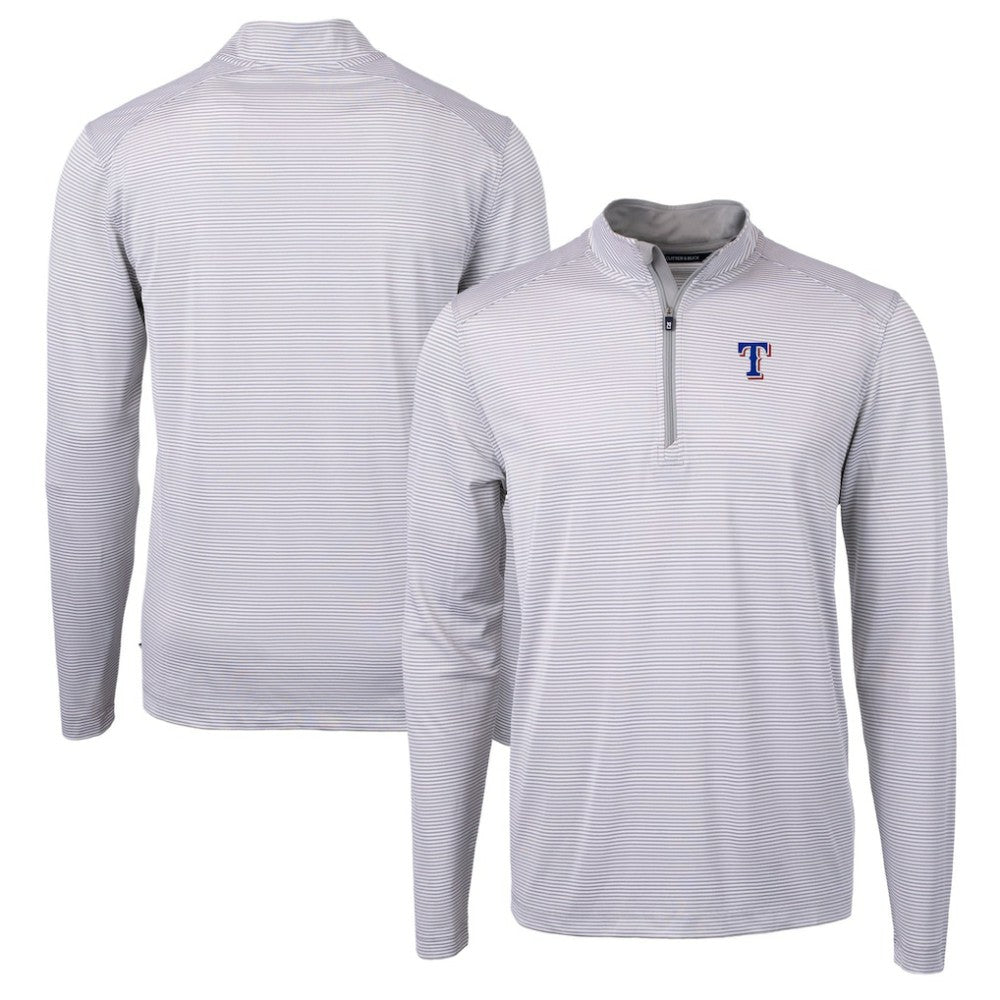 Texas Rangers Cutter & Buck Virtue Eco Pique Micro Stripe Recycled Quarter-Zip Pullover Top Gray/White