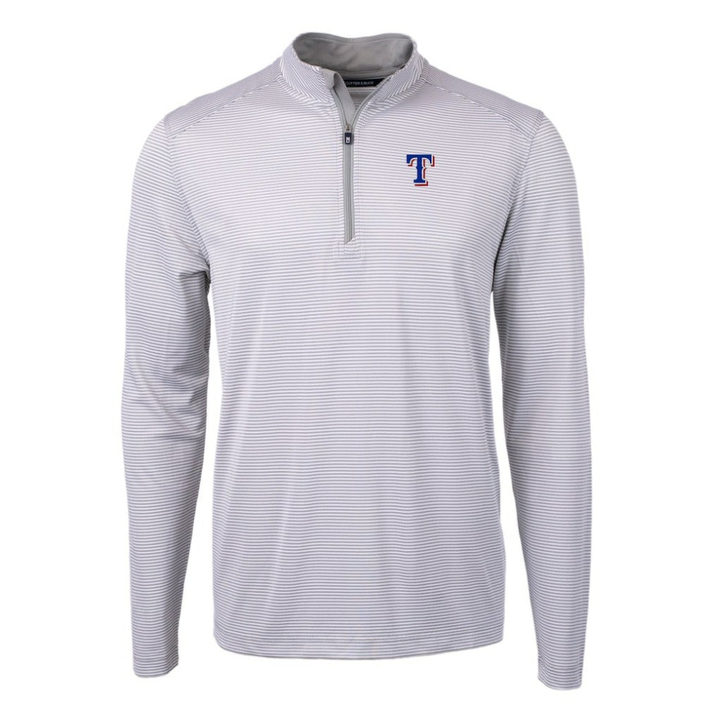 Texas Rangers Cutter & Buck Virtue Eco Pique Micro Stripe Recycled Quarter-Zip Pullover Top Gray/White